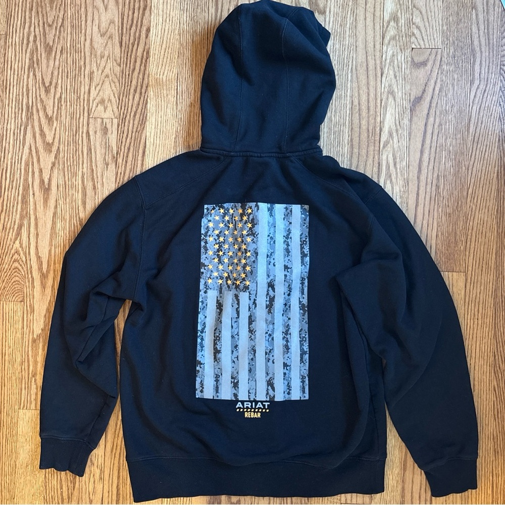 Ariat Rebar Men’s Black reflective Full Zip Hoodie M American Flag Outdoors USA